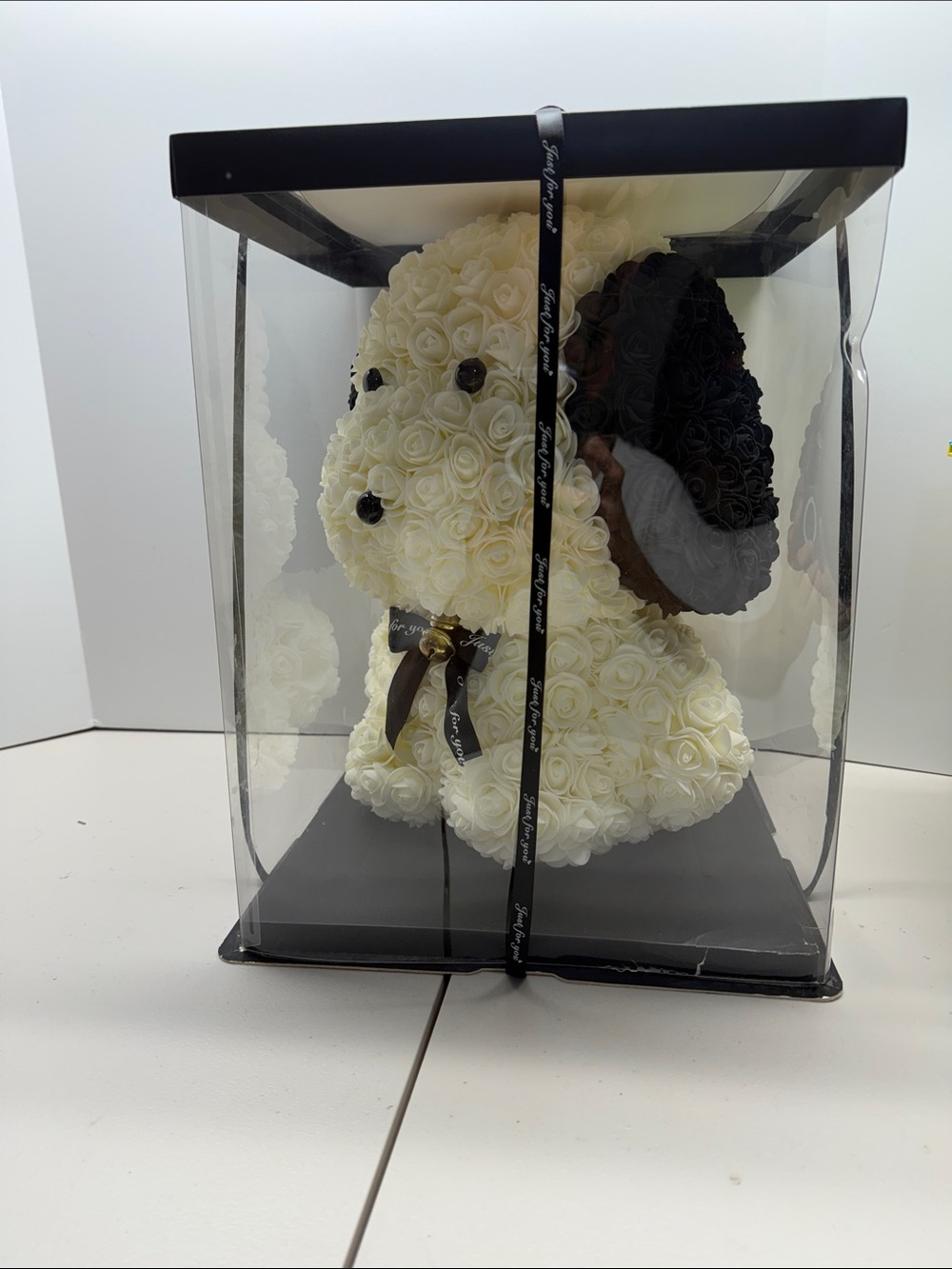 Romantic Rose Puppy Decor - White & Black Floral Sculpture. Box has some damage
